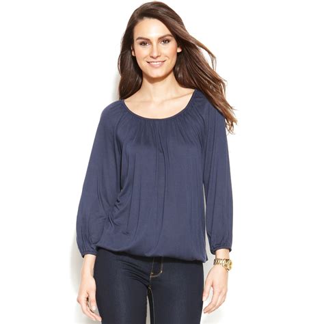 michael kors 3 4 sleeve peasant top|Michael Michael Kors Womens Check Print Blouse Peasant Top .